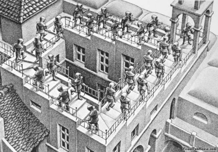 Se fissiamo troppo a lungo un opera di Escher, finiamo per diventare noi stessi illusioneAbbranchiamo la luce di un meccanismo, di una vita priva di avventura, monotona e bizzarra a rin