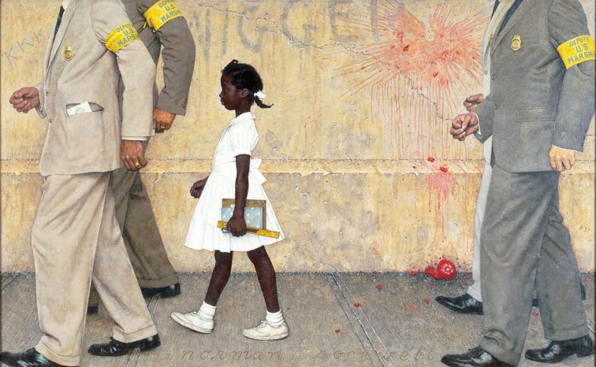 36 Ruby Bridges che attraversa il cortile della scuola e Norman che spacca il confine fra ciò